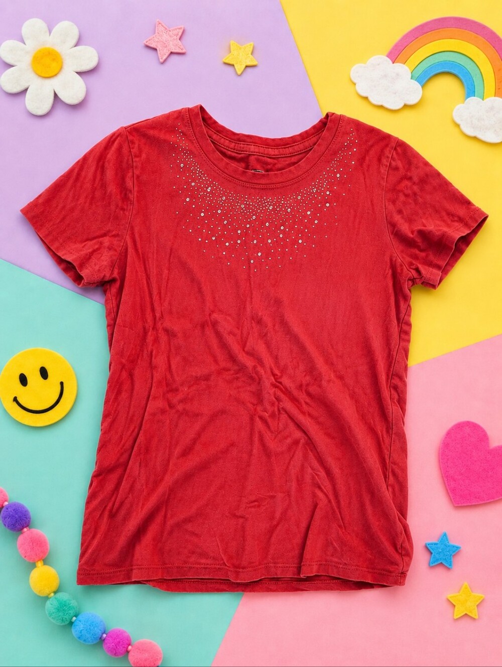 Faded Glory Red Short Sleeve Tee with Rhinestone Neckline